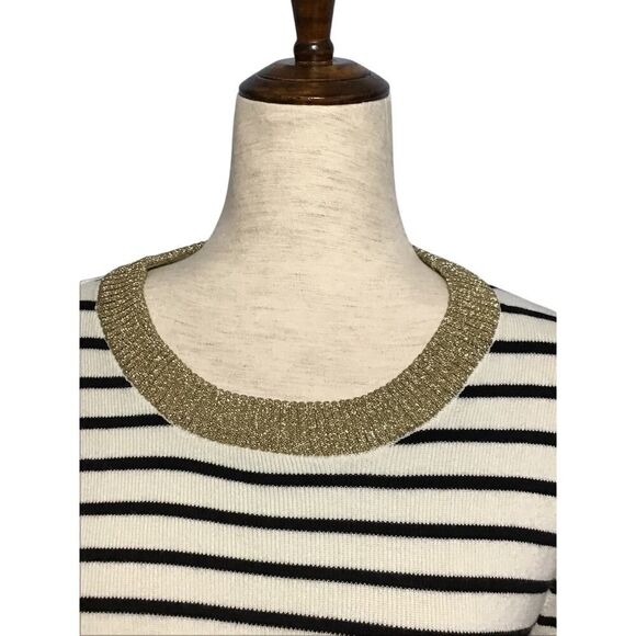 Marled Black Cream Striped Crew Neck Ribbed Sweater MED - Picture 2 of 9
